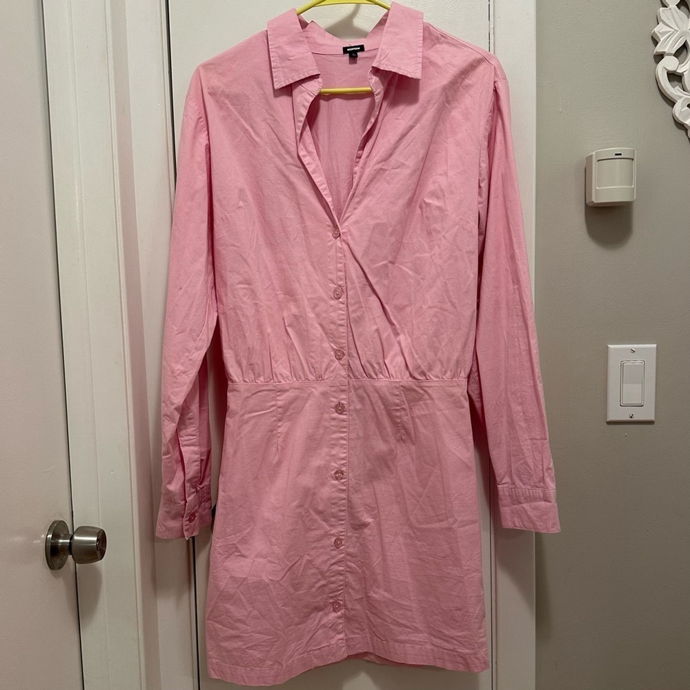 Monrow Womens Poplin Shirt Casual Mini Dress Pink S long sleeve collar button up